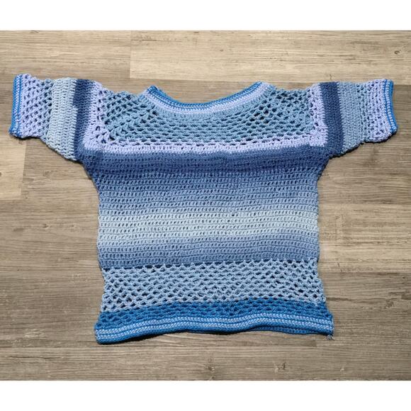 Handmade Crochet Blue Granny Square Knit Short Sleeve Shirt - Picture 2 of 6